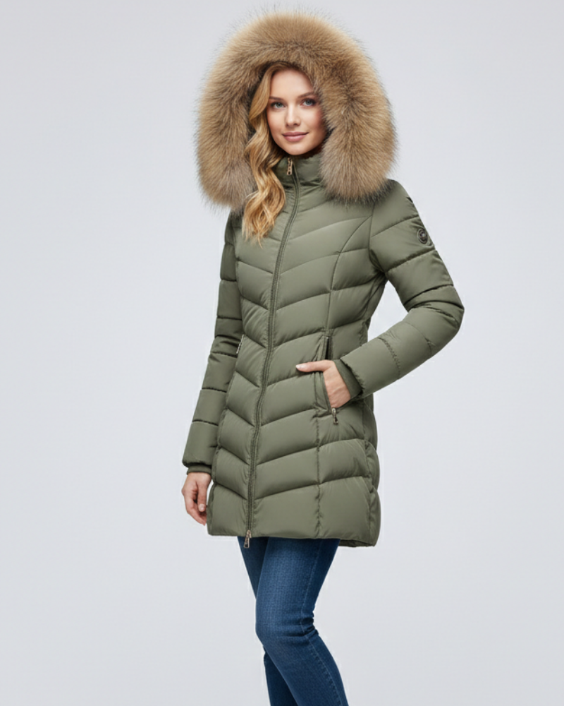 Beige quilted puffer jacket for women with a faux fur trimmed hood