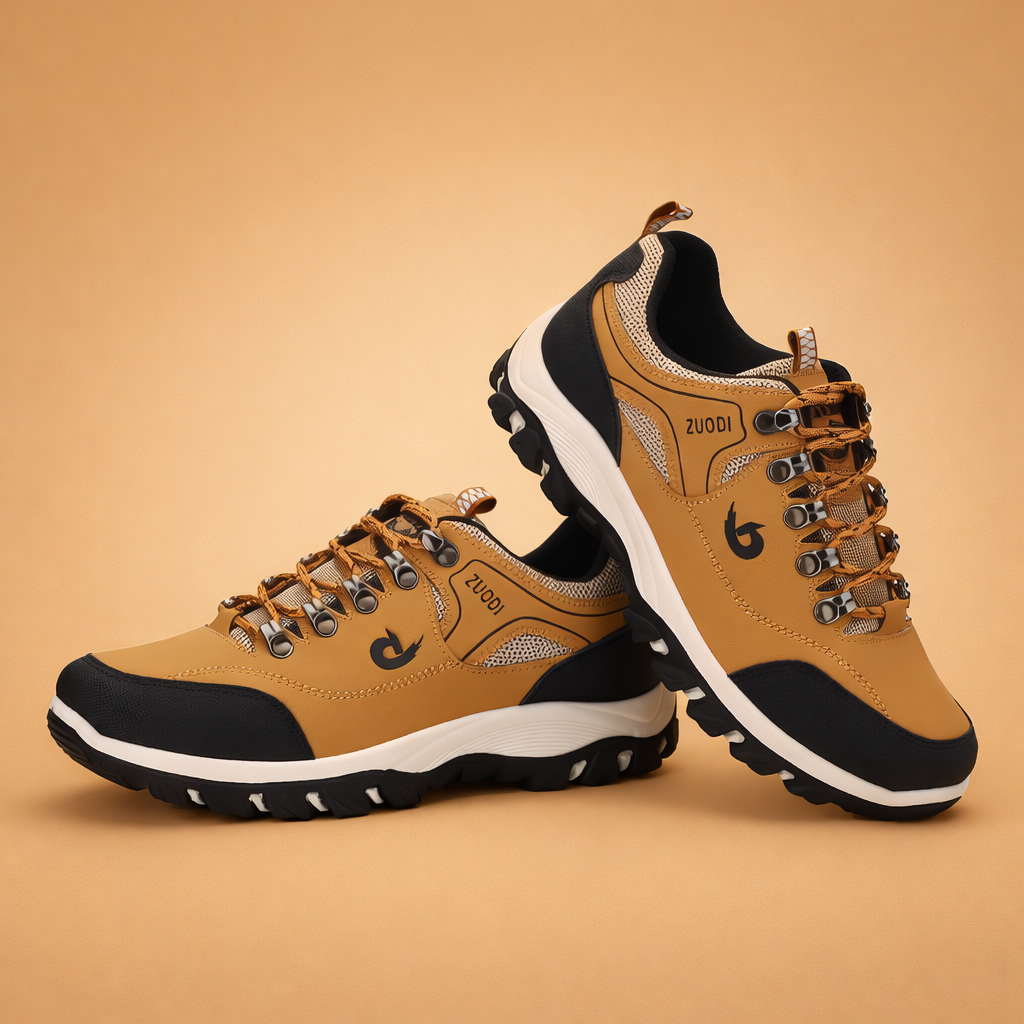 Brown men's breathable trail hiking shoes with a grip outsole