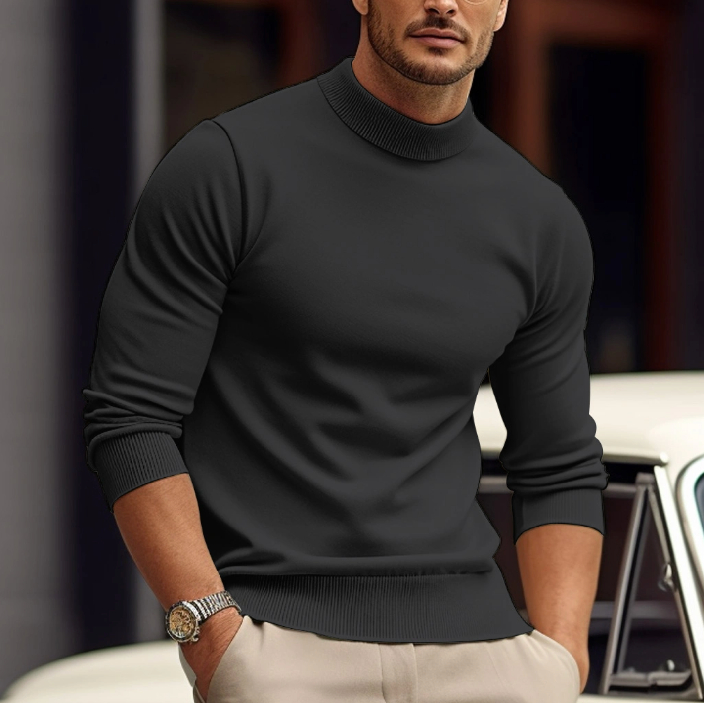 Men's green roll neck jumper soft knit for autumn layering