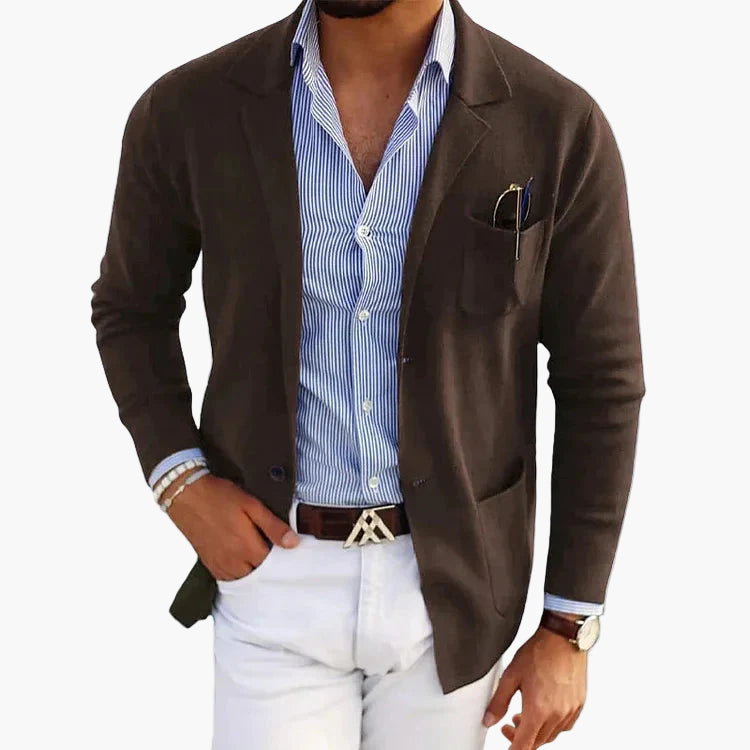 Men's blue tailored blazer with a classic lapel collar
