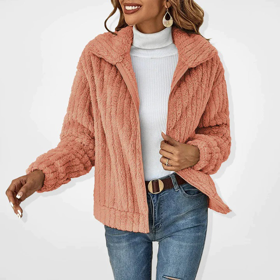 Beige longline fleece gilet for women with a full-length zip