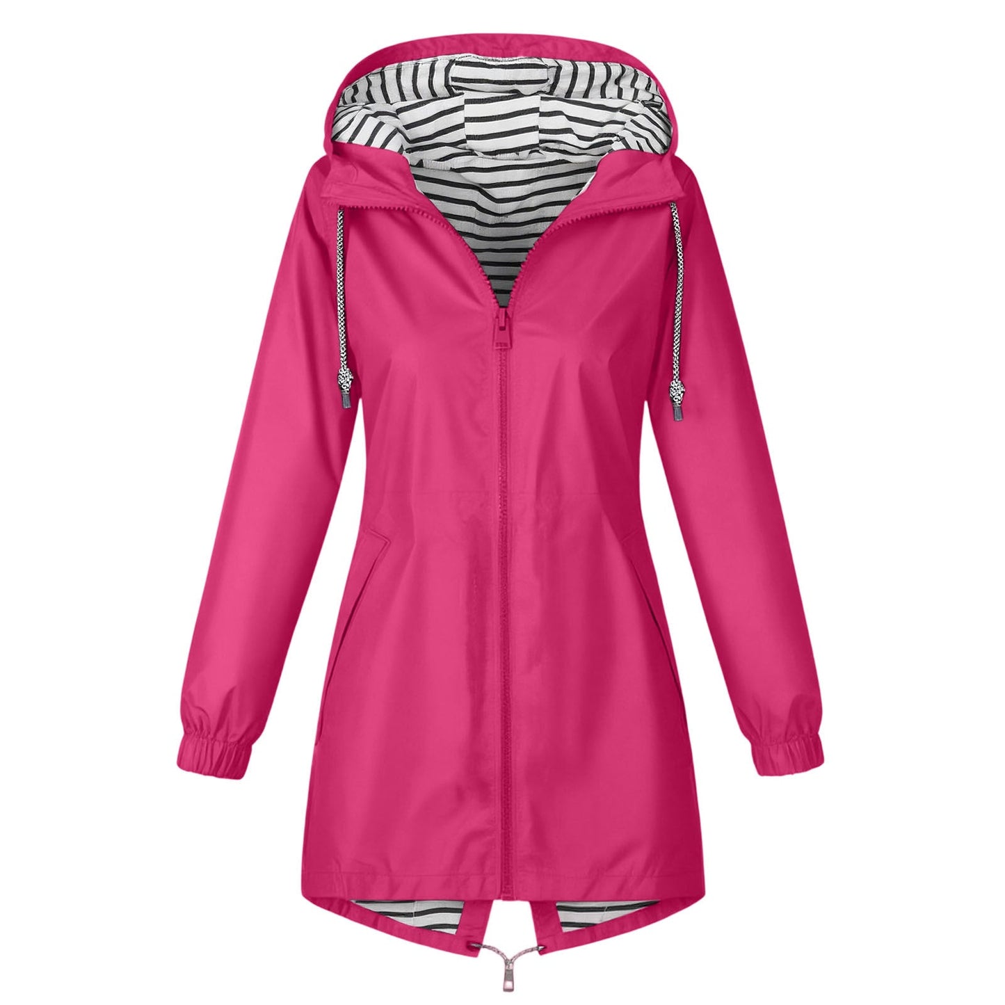Black hooded waterproof rain jacket for women with windproof protection