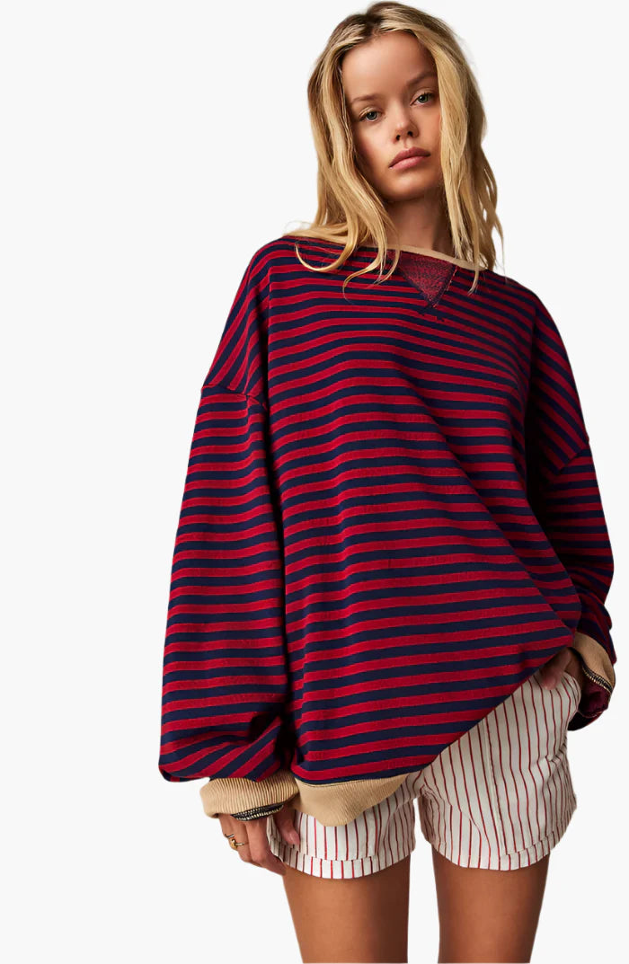 Pink and green striped oversized knit jumper with an oversized, relaxed fit