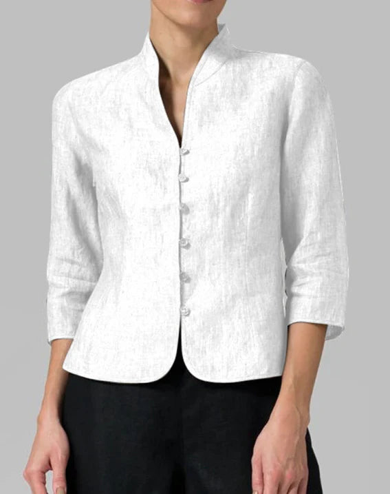 Red tailored blazer for women with a structured stand collar