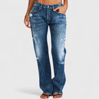 Women's dark blue baggy distressed jeans with a relaxed leg and high stretch fabric