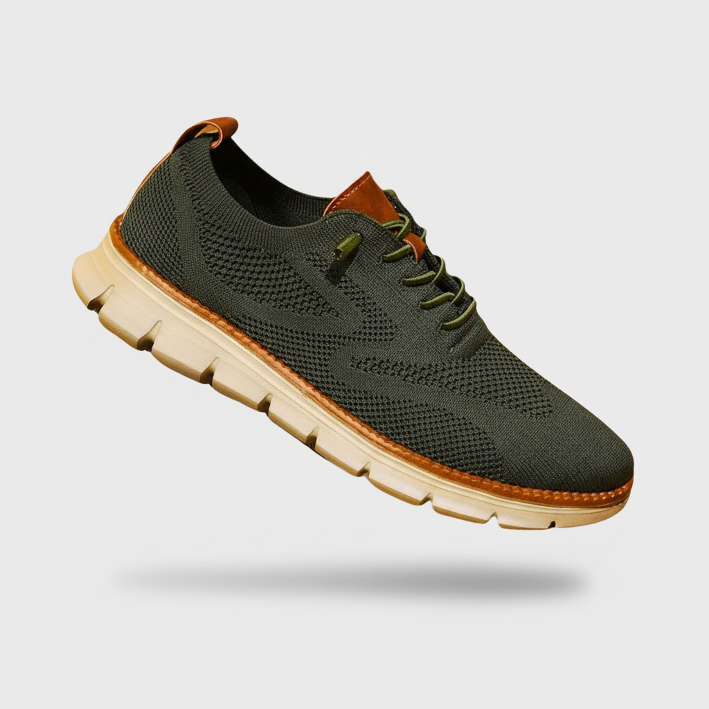 Men's olive green knit oxford style trainers with a lightweight sole