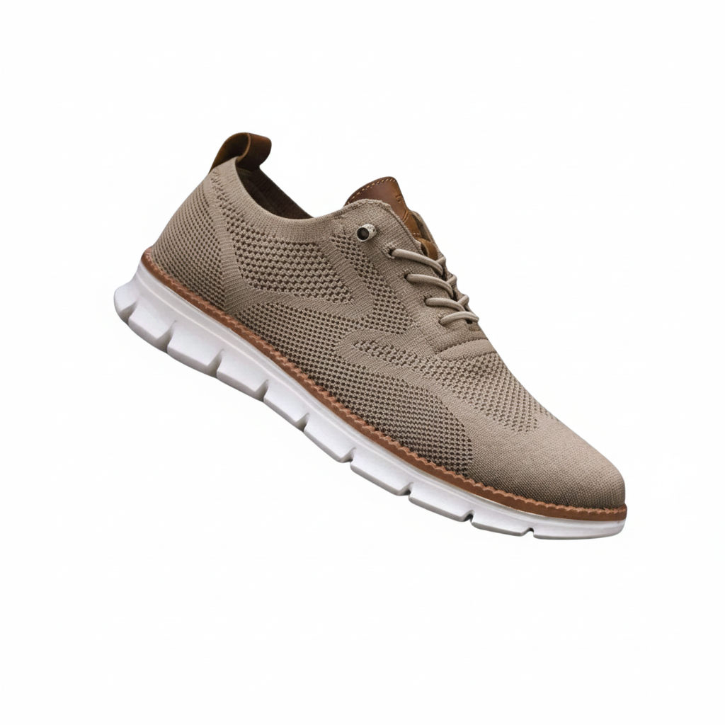 Men's taupe knit oxford style trainers with a lightweight sole