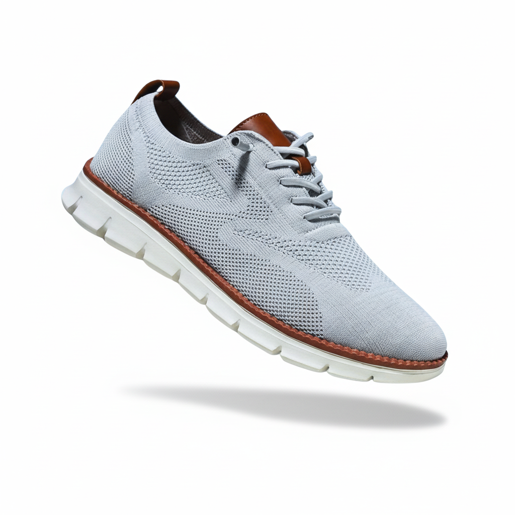 Men's light grey knit oxford style trainers with a lightweight sole