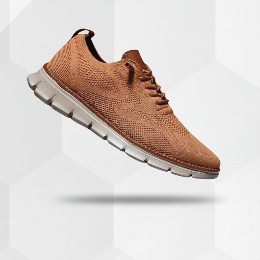 Men's light brown knit oxford style trainers with a lightweight sole