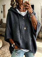 Women's grey oversized knit hoodie with batwing half sleeves