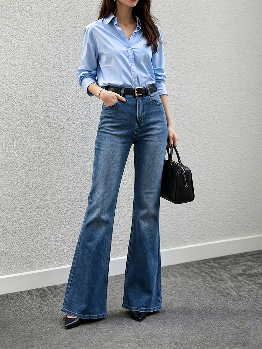 Women's medium blue high waisted flared jeans in soft structured denim