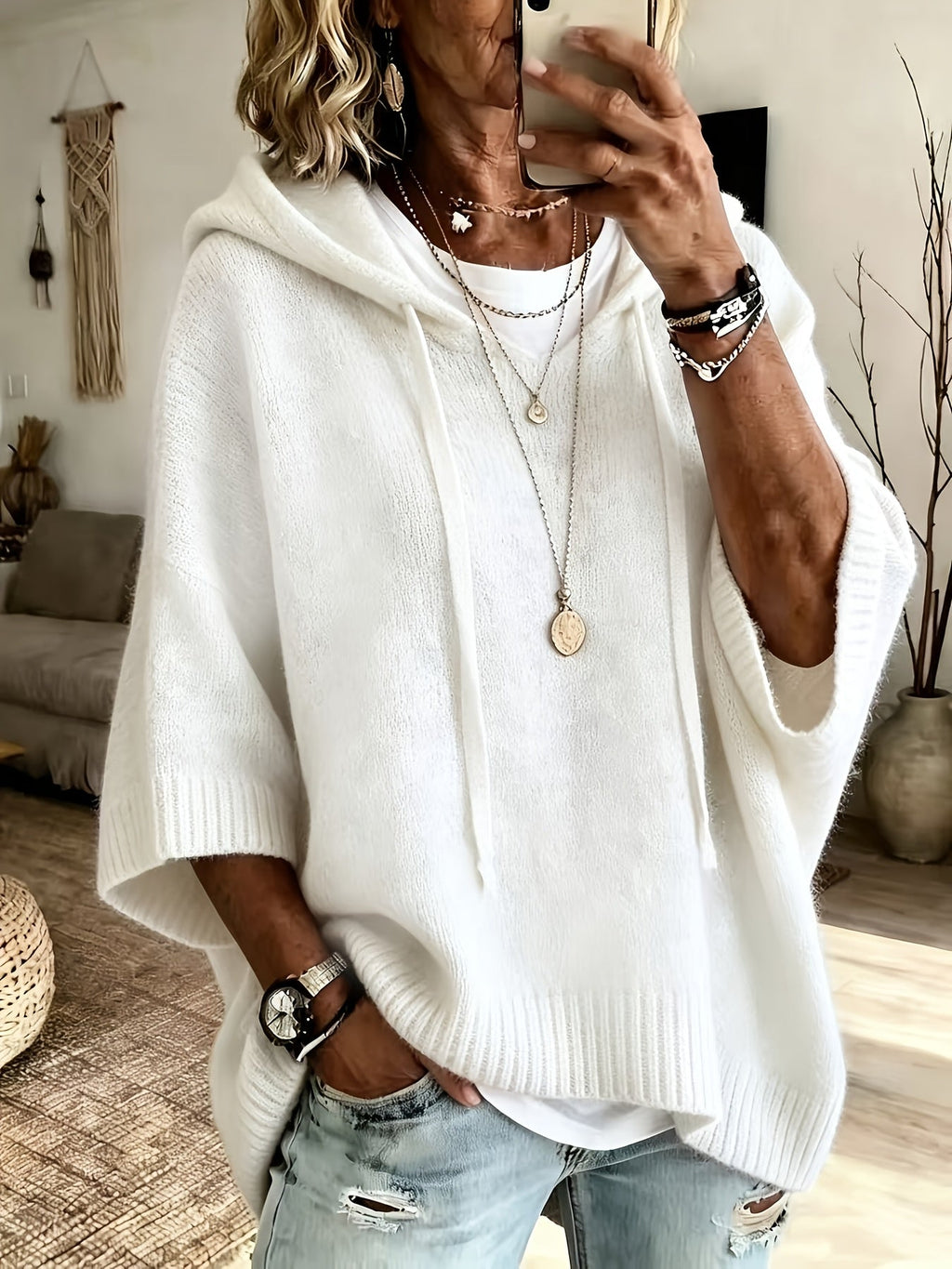 Women's white oversized knit hoodie with batwing half sleeves