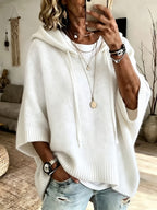 Women's white oversized knit hoodie with batwing half sleeves