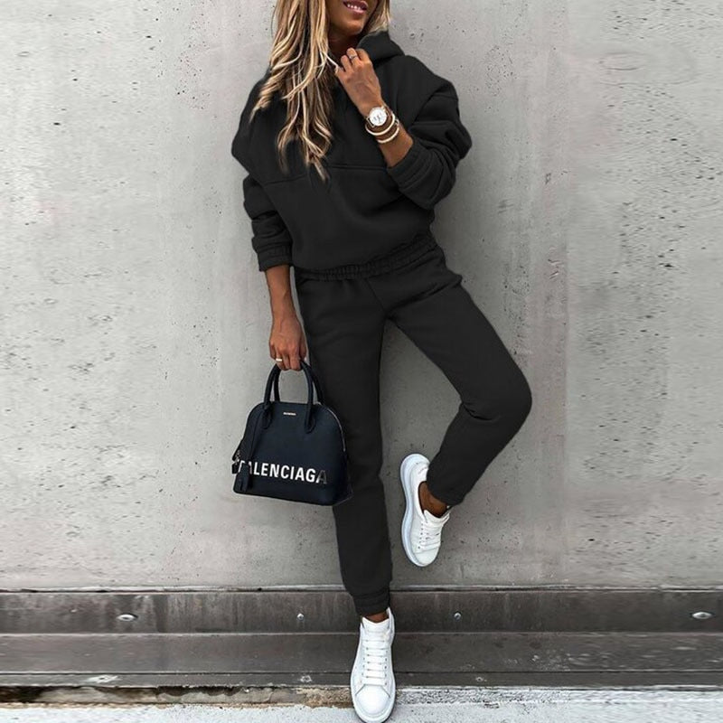 Women's hooded tracksuit co-ord set with joggers in black