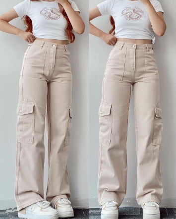 Women's high-waist cargo jeans with pockets in army green