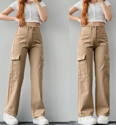 Women's high-waist cargo jeans with pockets in black