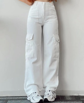 Women's high-waist cargo jeans with pockets in black