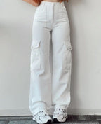 Women's high-waist cargo jeans with pockets in black