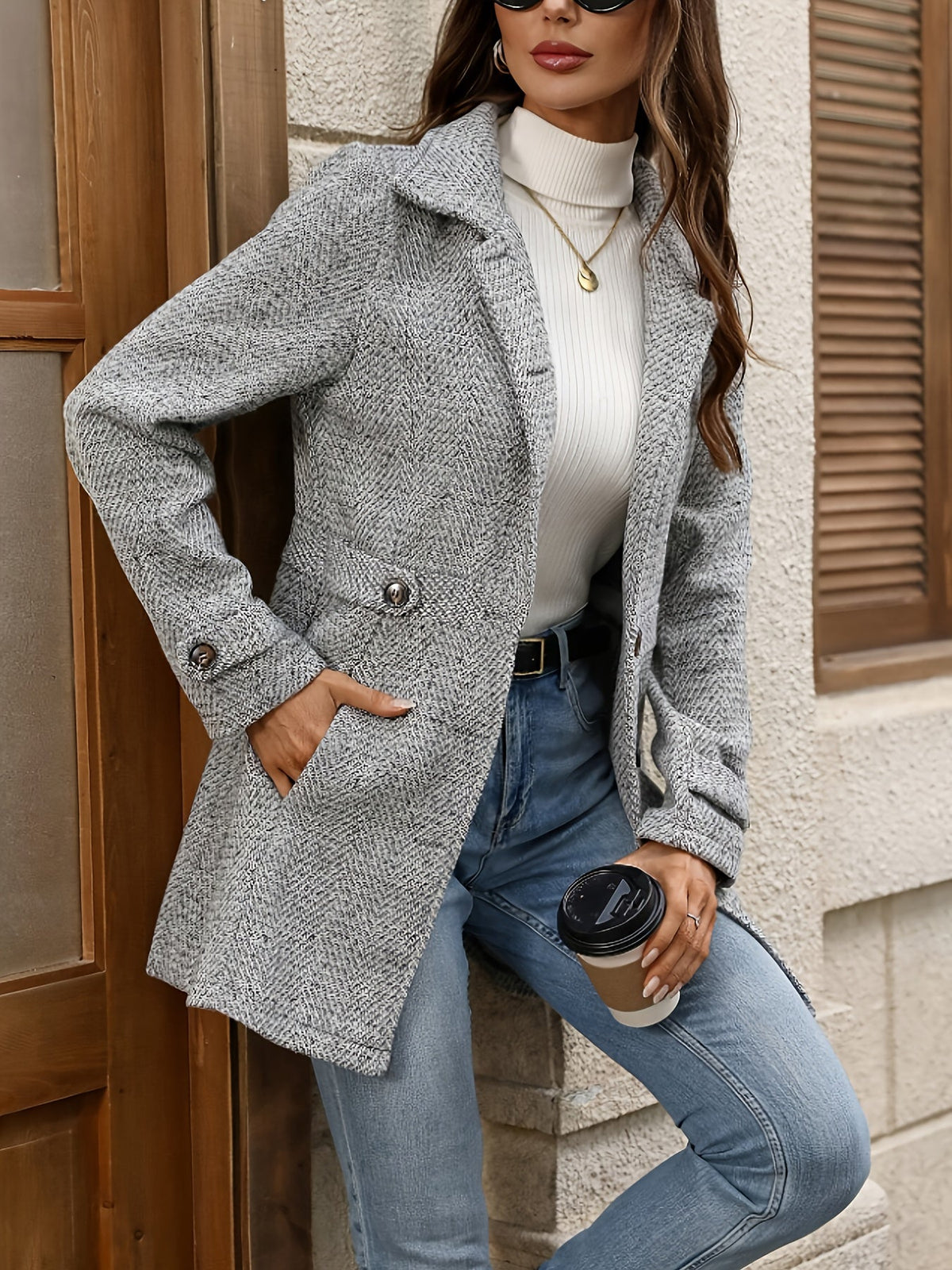 Grey herringbone coat with a waist-defining belt