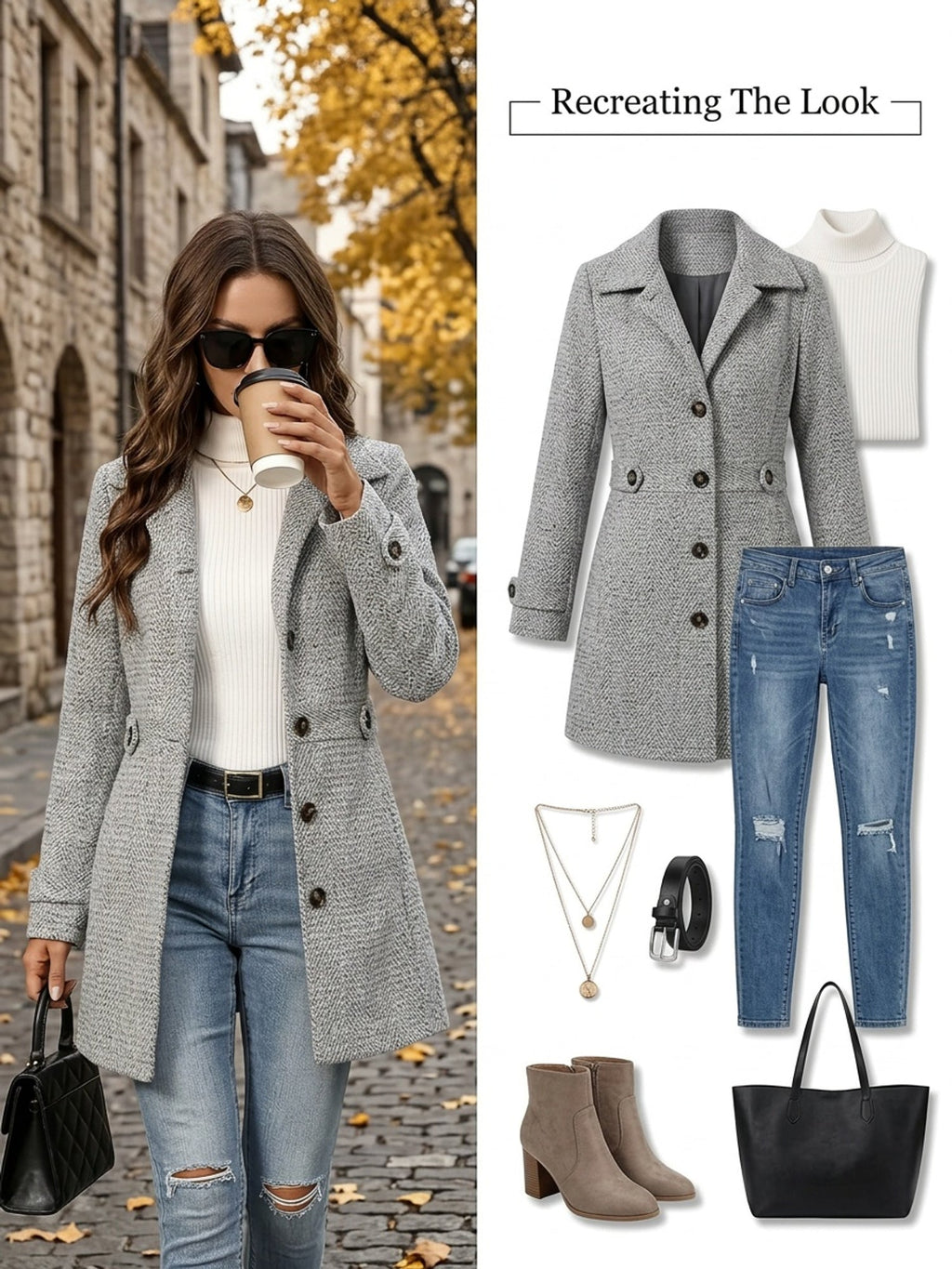 Grey herringbone coat with a waist-defining belt