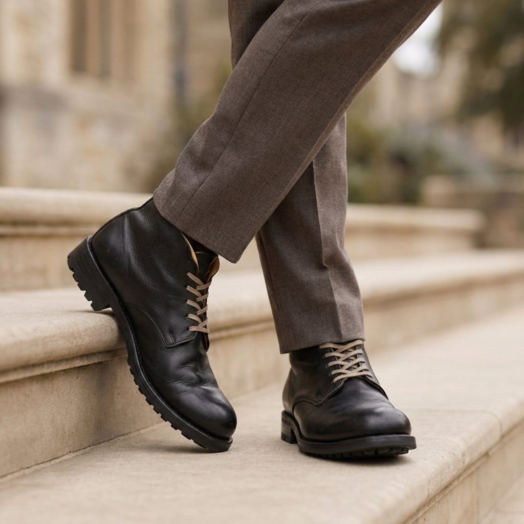 Classic Black men's faux leather lace-up boots with a durable sole