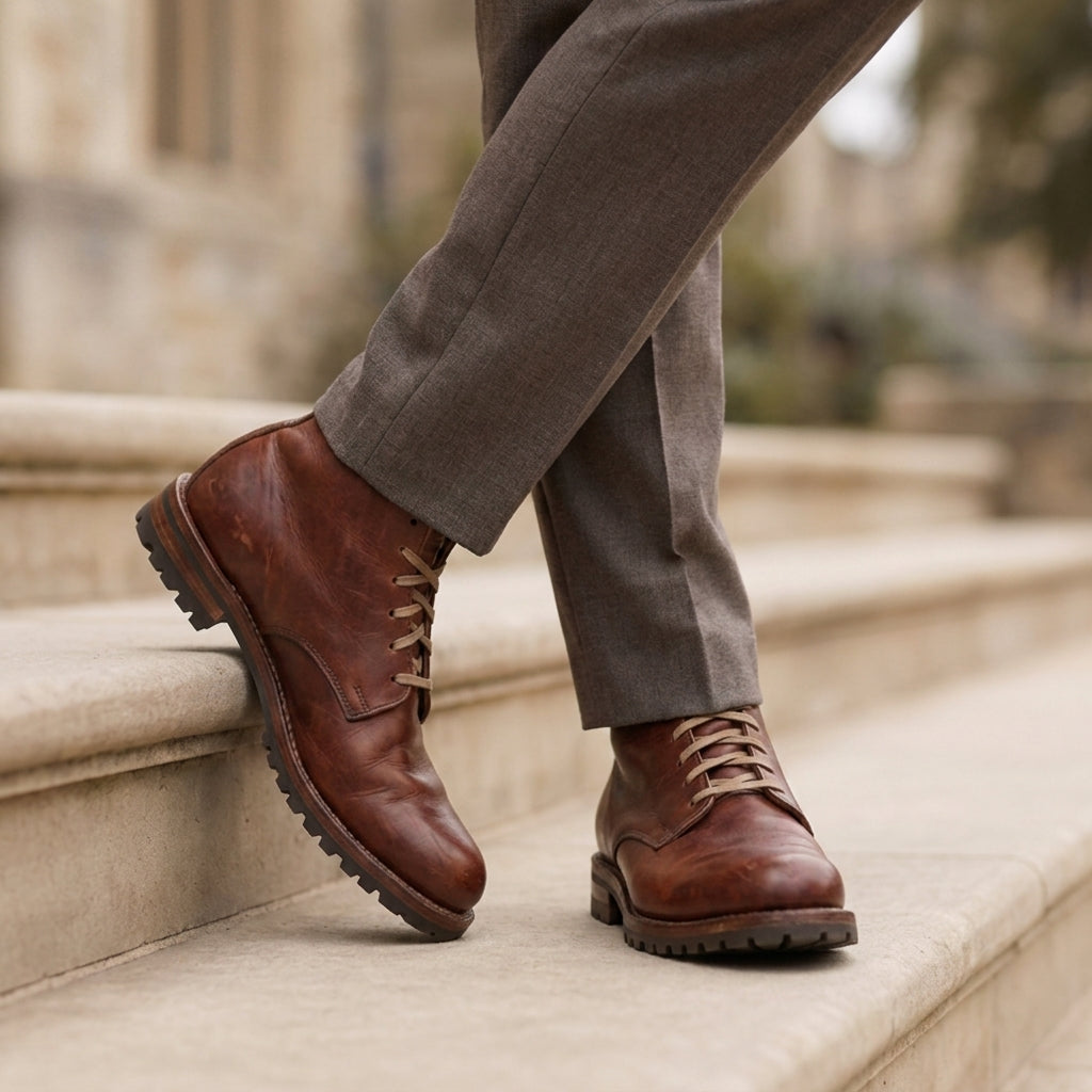 Classic Black men's faux leather lace-up boots with a durable sole