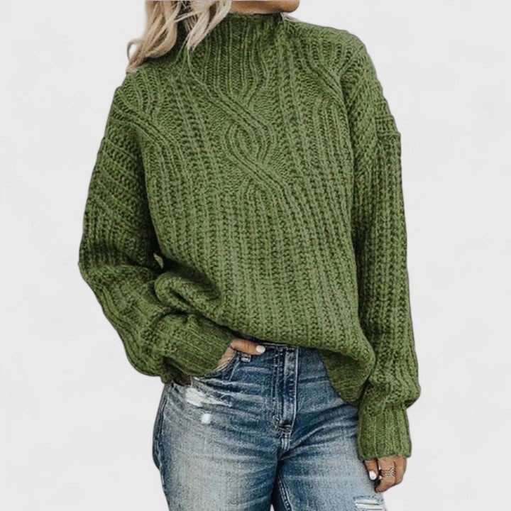 Women's Green Chunky Cable Knit Mock Neck Jumper