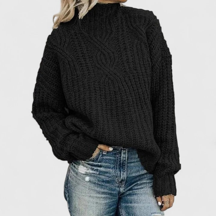 Women's Black Chunky Cable Knit Mock Neck Jumper