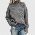 Women's Grey Chunky Cable Knit Mock Neck Jumper