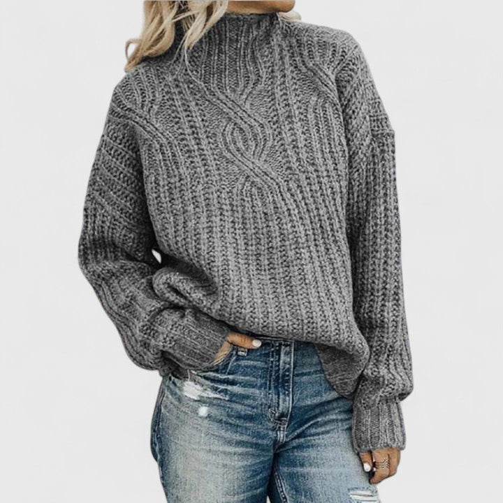 Women's Grey Chunky Cable Knit Mock Neck Jumper