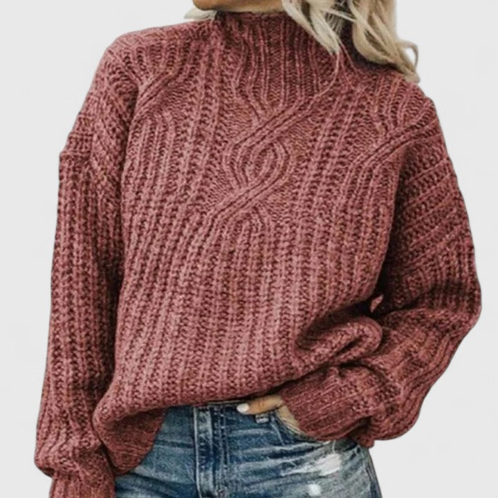 Women's Pink Chunky Cable Knit Mock Neck Jumper
