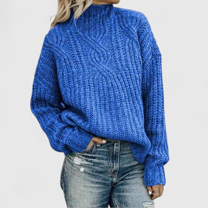 Women's Blue Chunky Cable Knit Mock Neck Jumper
