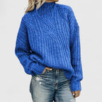 Women's Blue Chunky Cable Knit Mock Neck Jumper