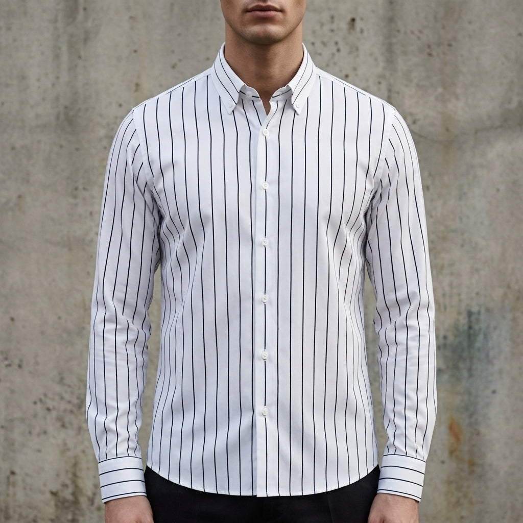 Men's white and black striped long sleeve shirt in cotton blend