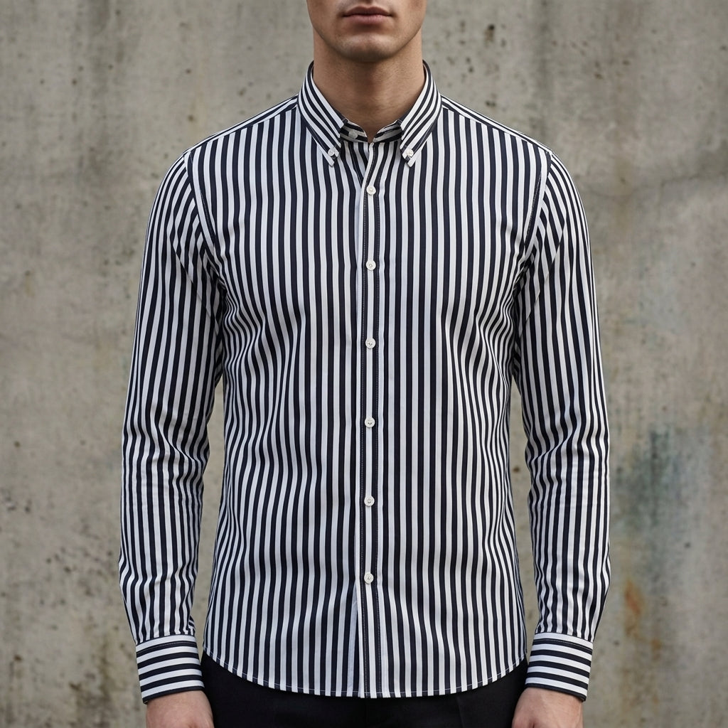 Men's white and black striped long sleeve shirt in cotton blend