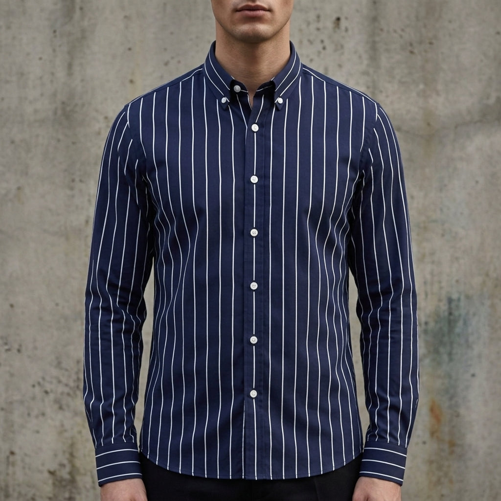 Men's white and black striped long sleeve shirt in cotton blend