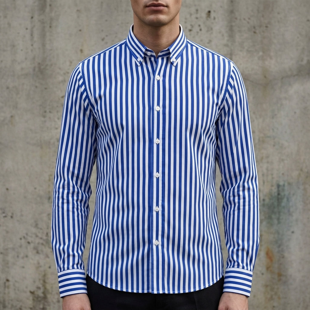 Men's white and black striped long sleeve shirt in cotton blend