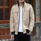 Men's khaki utility bomber jacket for autumn layering