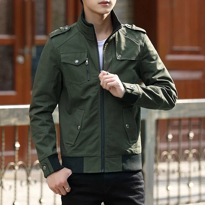 Men's khaki utility bomber jacket for autumn layering