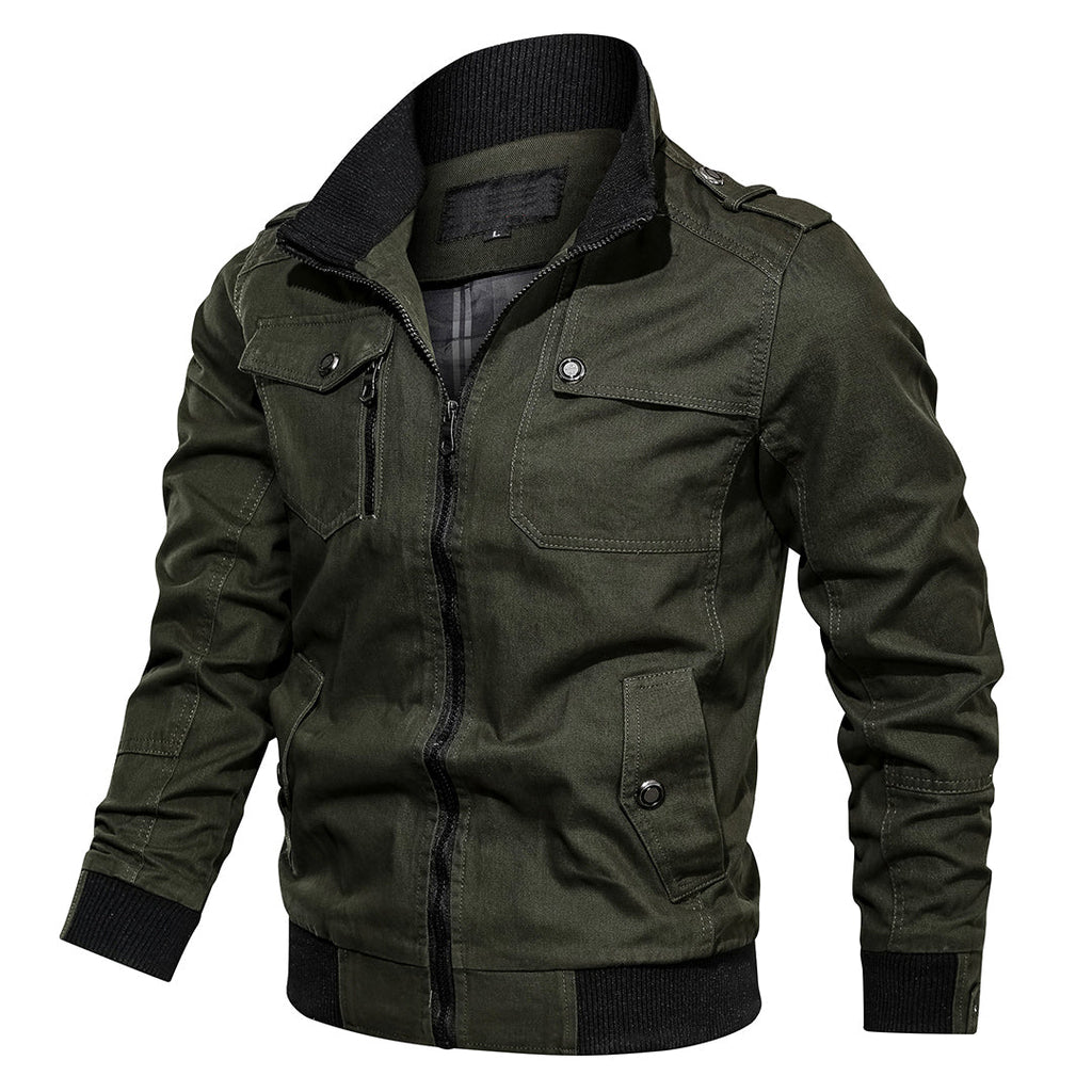Men's khaki utility bomber jacket for autumn layering