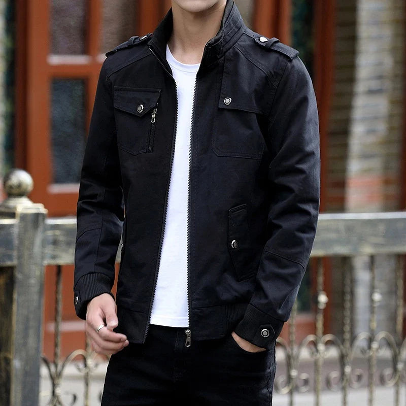 Men's khaki utility bomber jacket for autumn layering