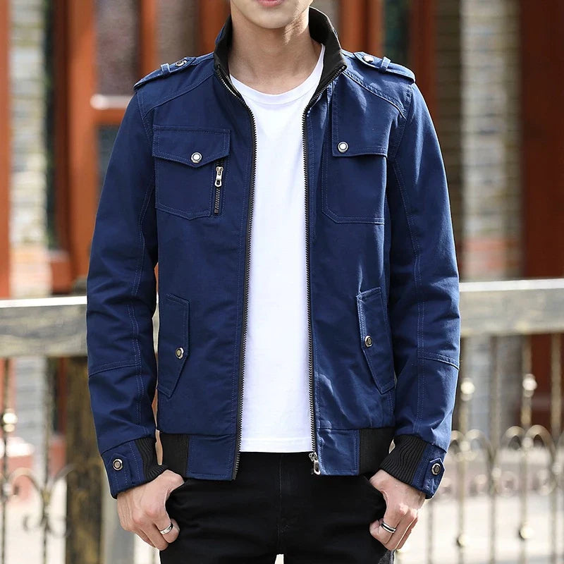 Men's khaki utility bomber jacket for autumn layering