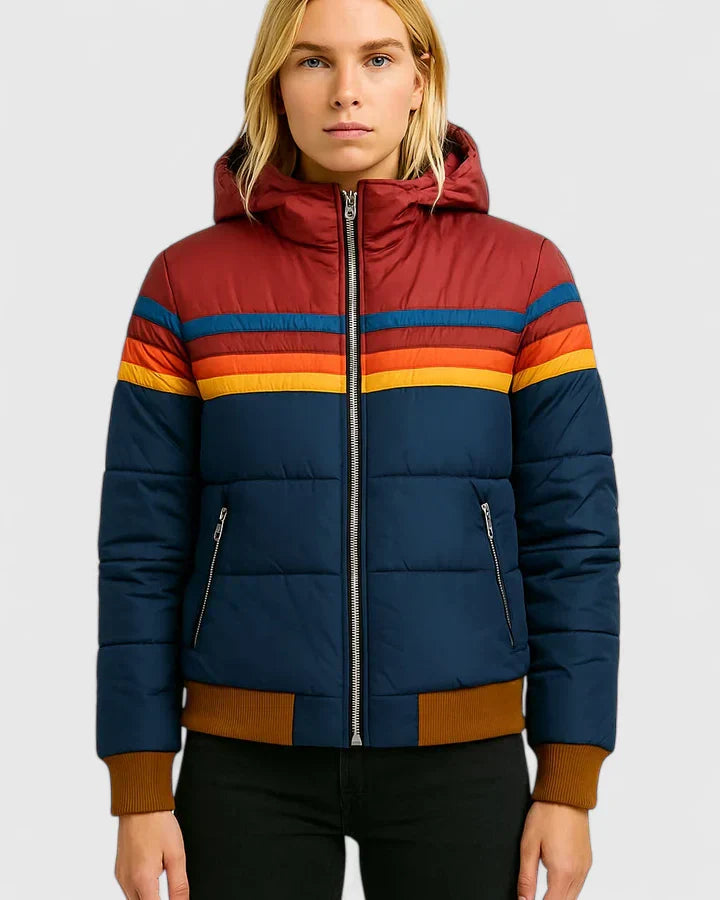 Women's navy blue waterproof hooded rain jacket for wet weather