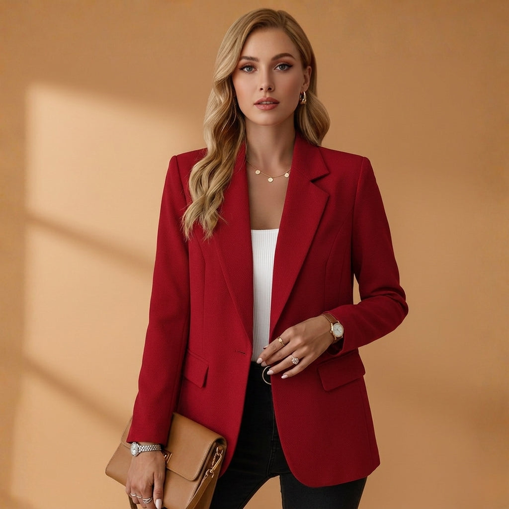 Women's black tailored blazer with a notched lapel and cotton blend finish