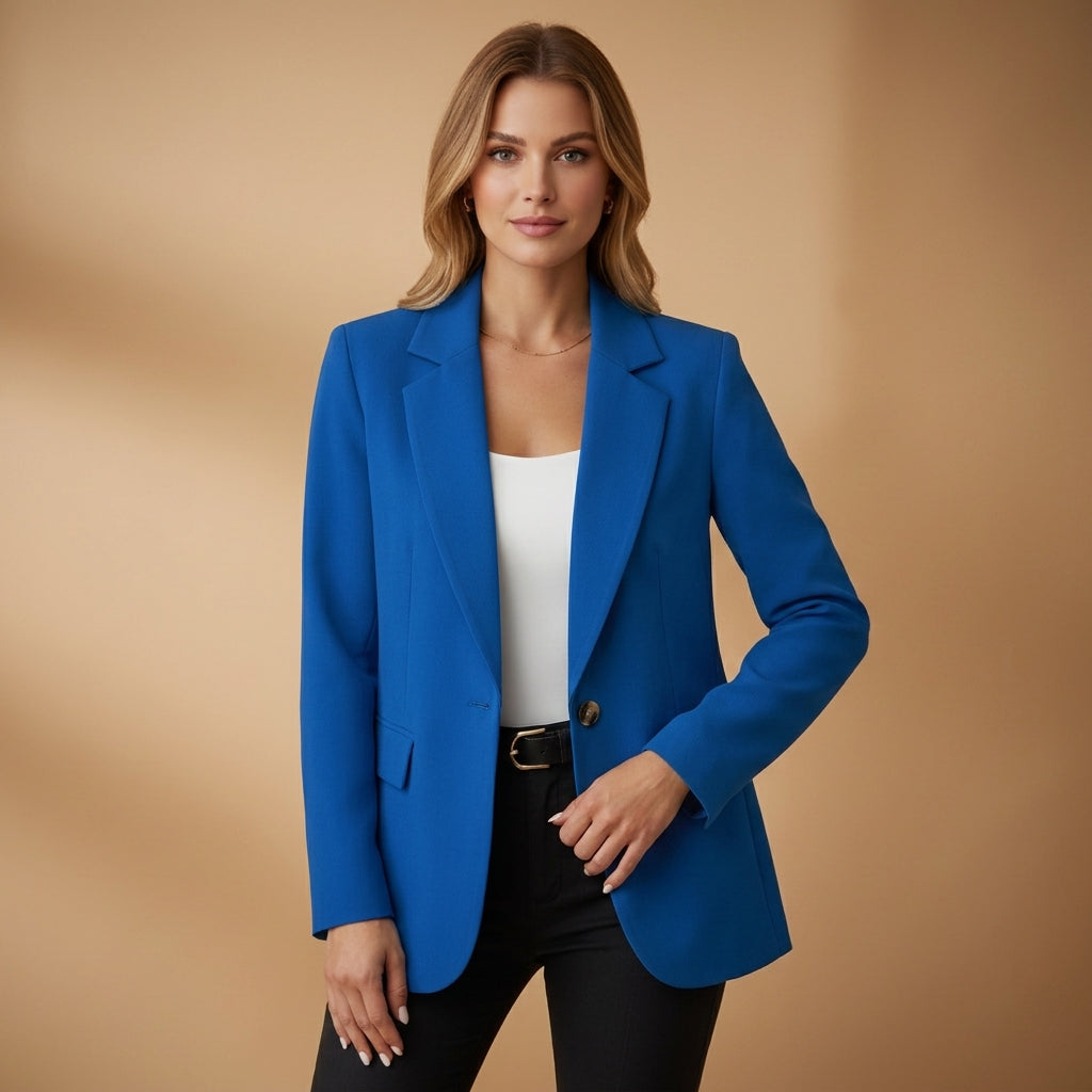 Women's black tailored blazer with a notched lapel and cotton blend finish