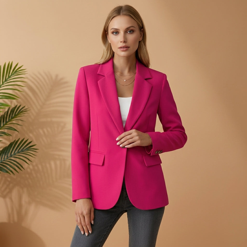 Women's black tailored blazer with a notched lapel and cotton blend finish
