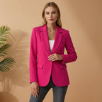 Women's black tailored blazer with a notched lapel and cotton blend finish