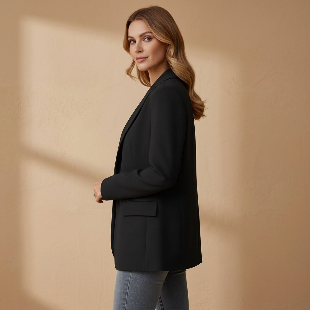 Women's red tailored blazer with a notched lapel and cotton blend finish