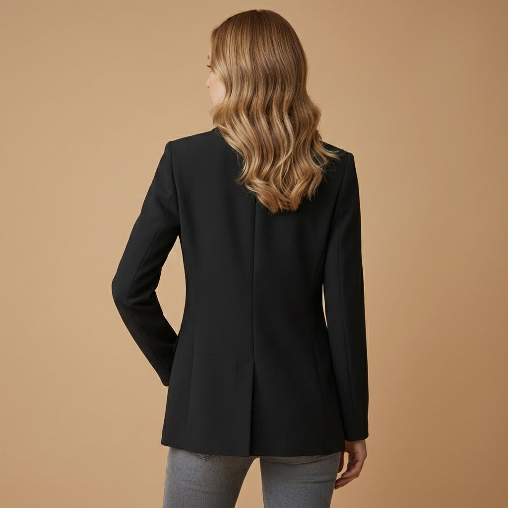 Women's red tailored blazer with a notched lapel and cotton blend finish