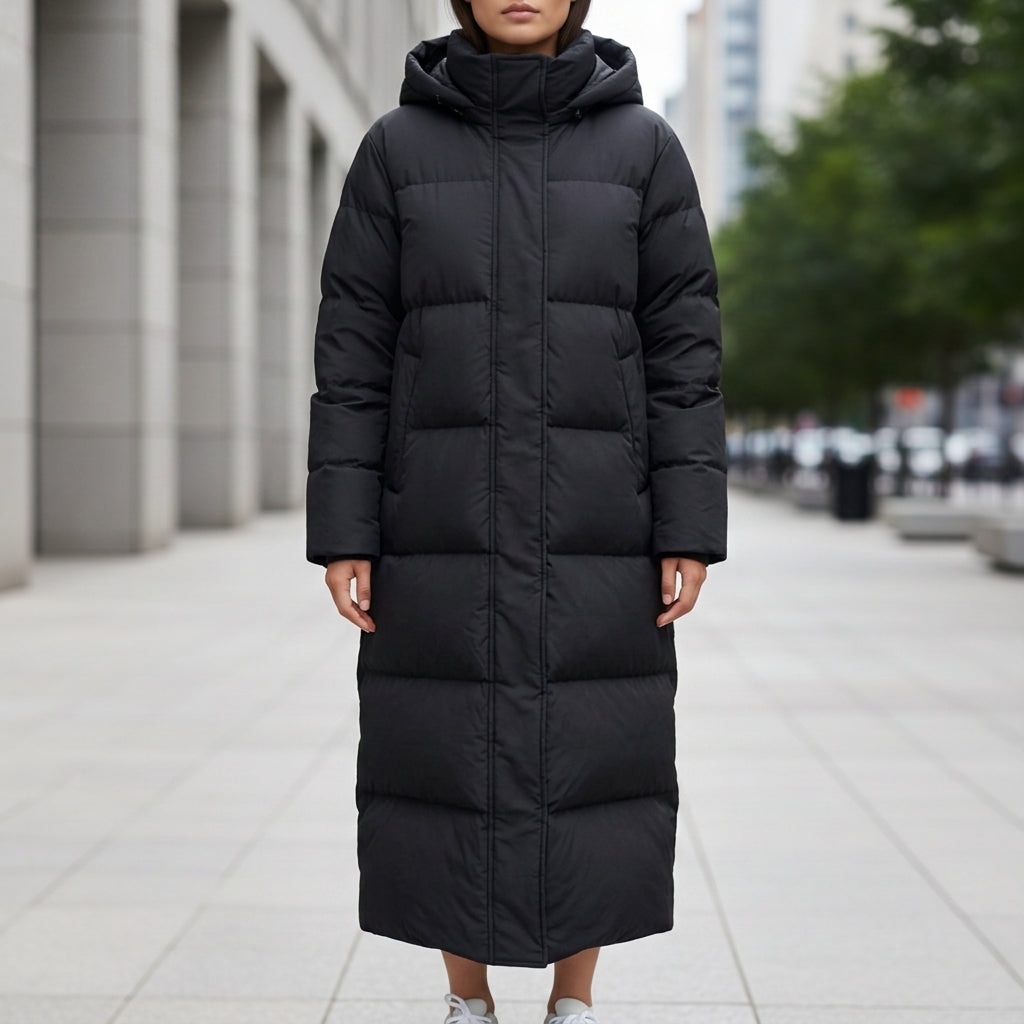 Women's black quilted puffer parka featuring a waterproof hood